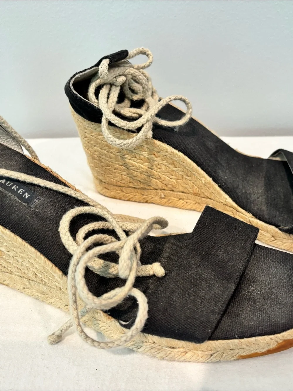 Ralph Lauren Black Canvas Espadrille Wedges with Rope Tie